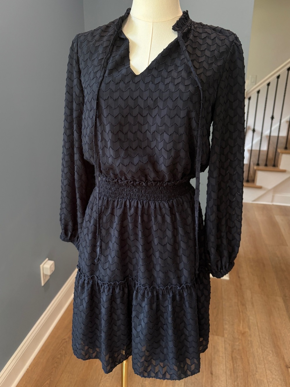 DREW Dark Navy Textured Long Sleeve Mini Dress Smocked Waist XS Made in USA